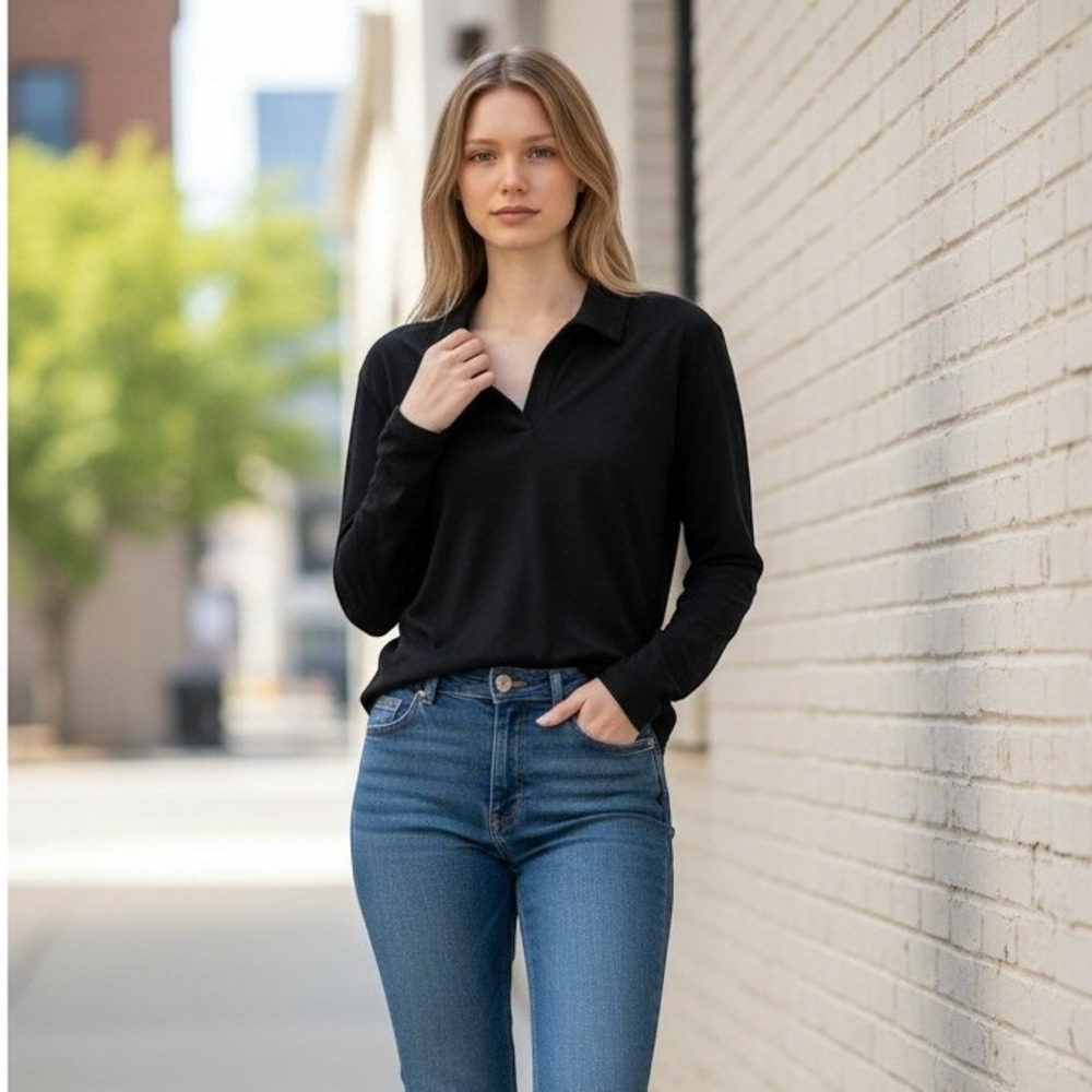 Bobi Alicia Tee Womens XS Black Long Sleeve Polo Collar Cropped Cotton Top